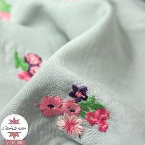Tissu viscose fleurs brodées - gris