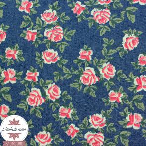 Tissu coton chambray - bleu jean - roses rouges