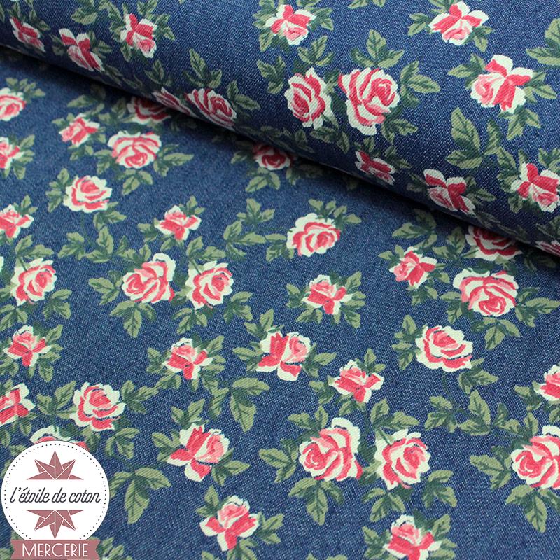 Tissu coton chambray - bleu jean - roses rouges
