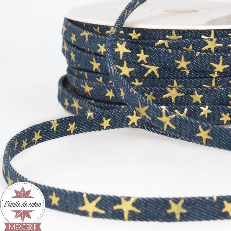 Lanière jean bleu brut - étoiles dorées - 10 mm