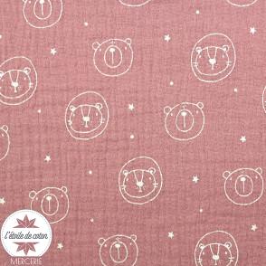 Tissu double gaze de coton Nounours - rose (Oeko-Tex)