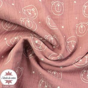 Tissu double gaze de coton Nounours - rose (Oeko-Tex)