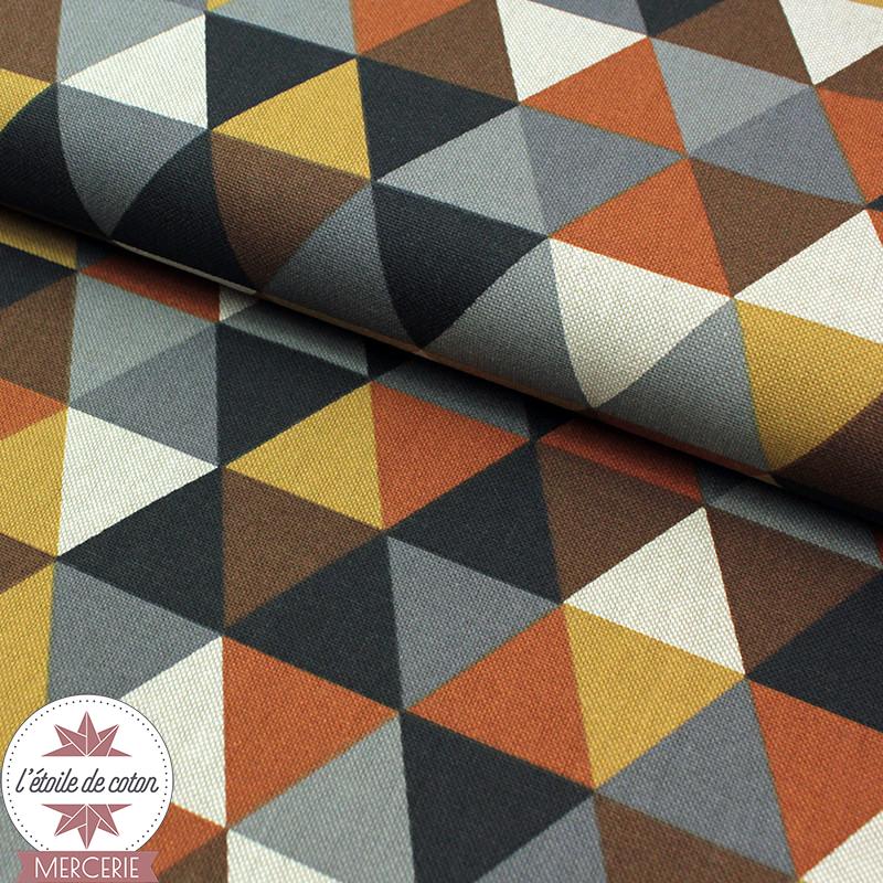 Tissu toile polycoton - Triangles marron/ocre/gris