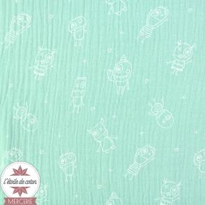 Tissu double gaze de coton Dessin d'enfant - vert d'eau (Oeko-Tex)