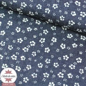 Tissu coton chambray Flower - bleu brut