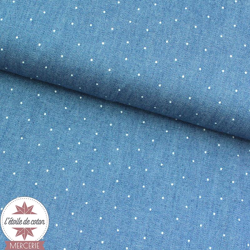 Tissu coton chambray by Poppy - mini pois blanc sur fond bleu