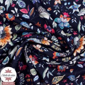 Jersey modal motif floral sur fond marine - Oeko-Tex