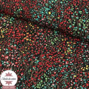 Tissu polyester Floraison - noir/rouge