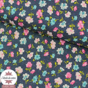 Tissu coton chambray Spring Flowers - bleu/rose