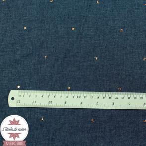 Tissu coton chambray by Poppy - mini lunes et étoiles sur fond bleu brut