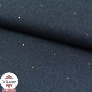 Tissu coton chambray by Poppy - mini lunes et étoiles sur fond bleu brut