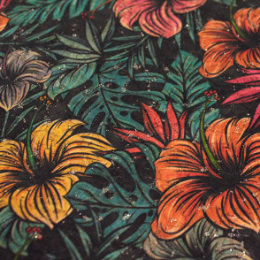 Coupon de tissu liège imprimé - Hibiscus et paillettes