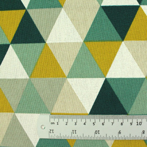 Tissu toile polycoton - Triangles jaune/vert/blanc